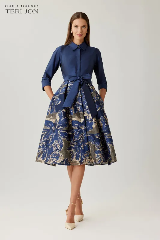 Taffeta Jacquard Metallic Floral Shirt Waist Dress made by Teri Jon
