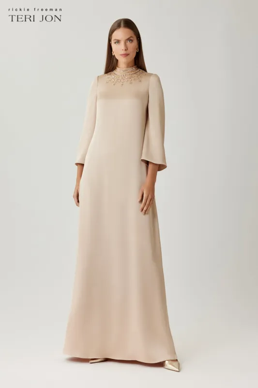 Satin Beaded Collar Flare Sleeve Gown made by Teri Jon