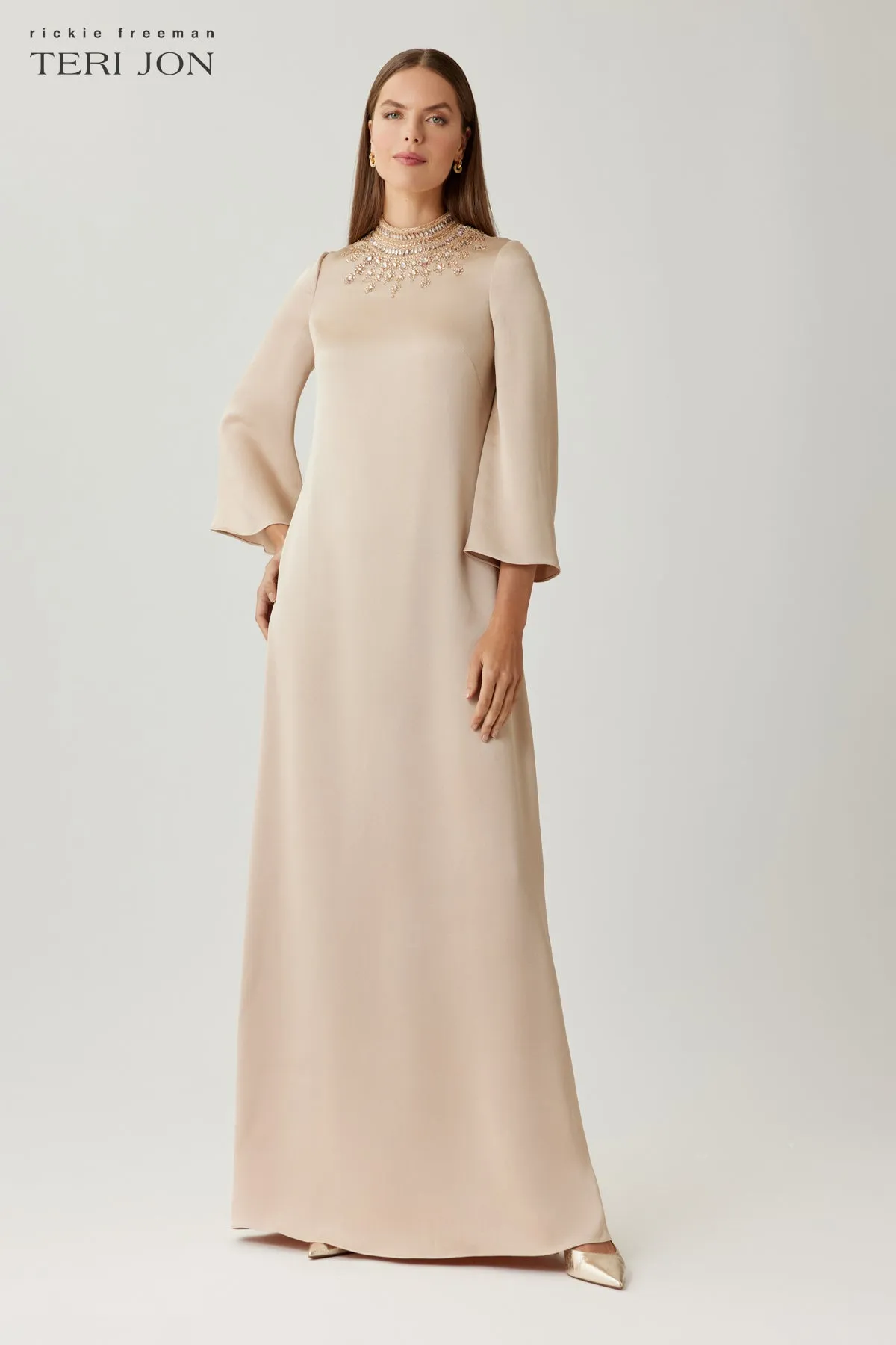 Satin Beaded Collar Flare Sleeve Gown sold by Teri Jon product image thumbnail 3