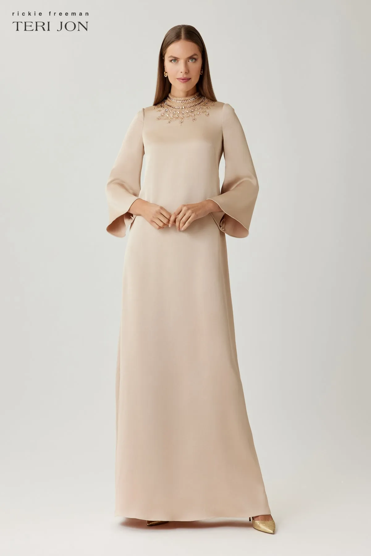 Satin Beaded Collar Flare Sleeve Gown sold by Teri Jon product image thumbnail 2