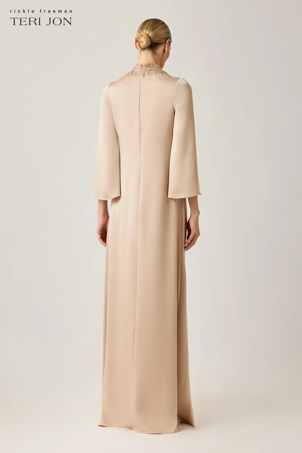 Satin Beaded Collar Flare Sleeve Gown sold by Teri Jon product image thumbnail 5