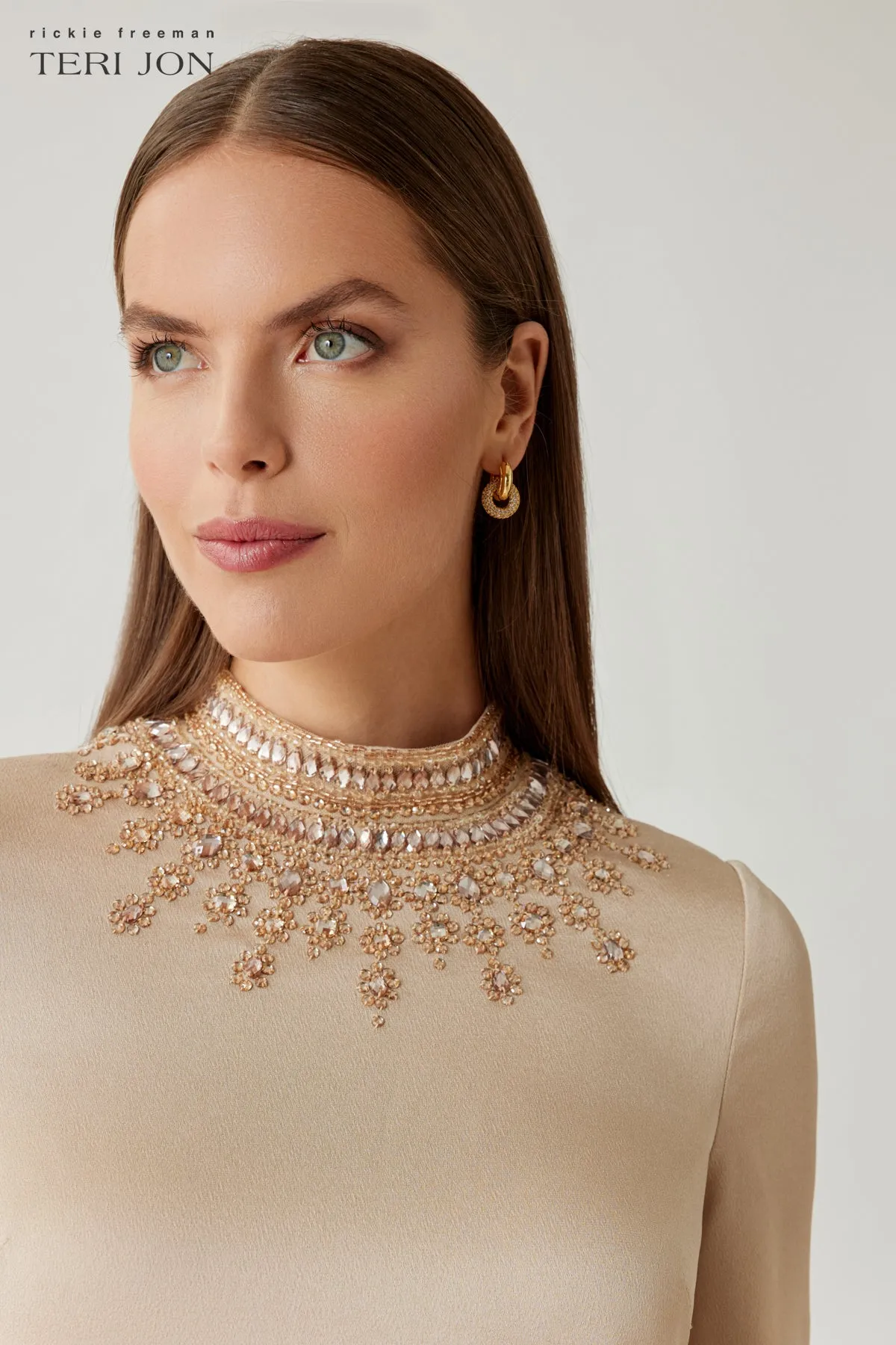 Satin Beaded Collar Flare Sleeve Gown sold by Teri Jon product image thumbnail 4