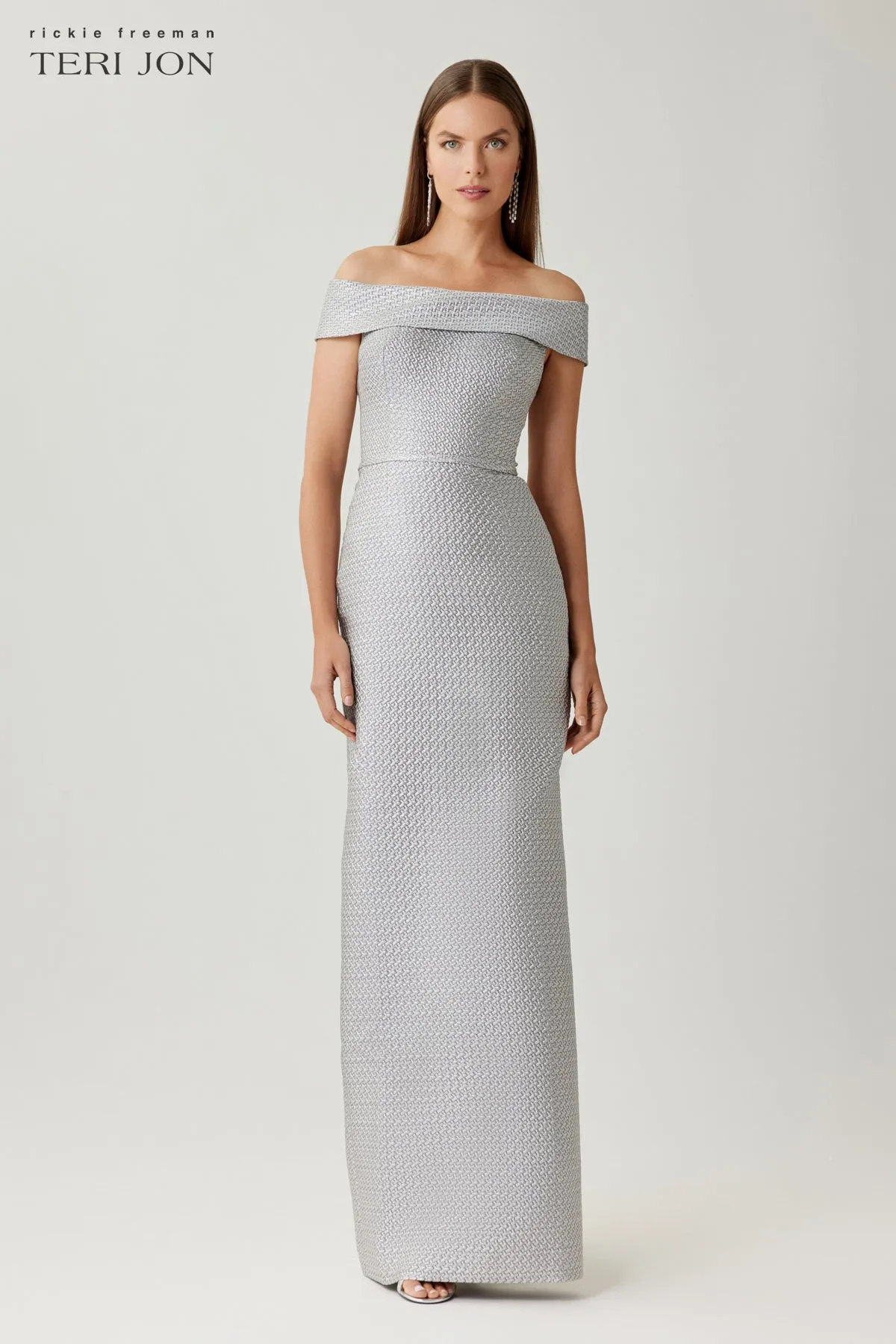 Basket Weave Jacquard Off The Shoulder Gown sold by Teri Jon