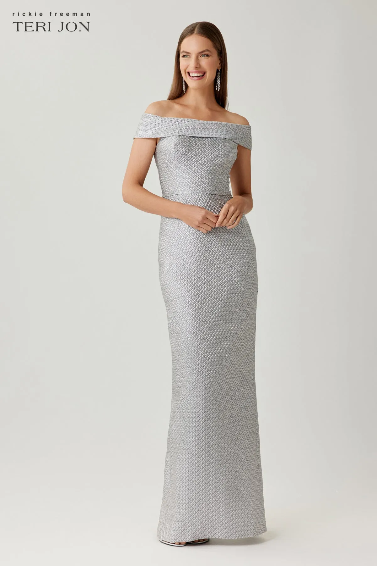 Basket Weave Jacquard Off The Shoulder Gown sold by Teri Jon product image thumbnail 4