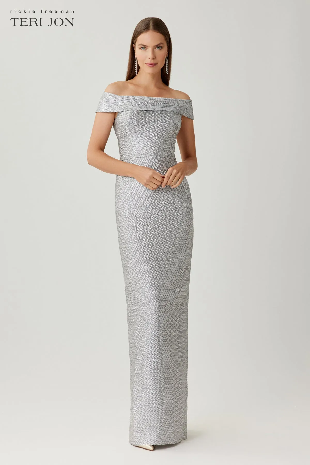 Basket Weave Jacquard Off The Shoulder Gown sold by Teri Jon product image thumbnail 3