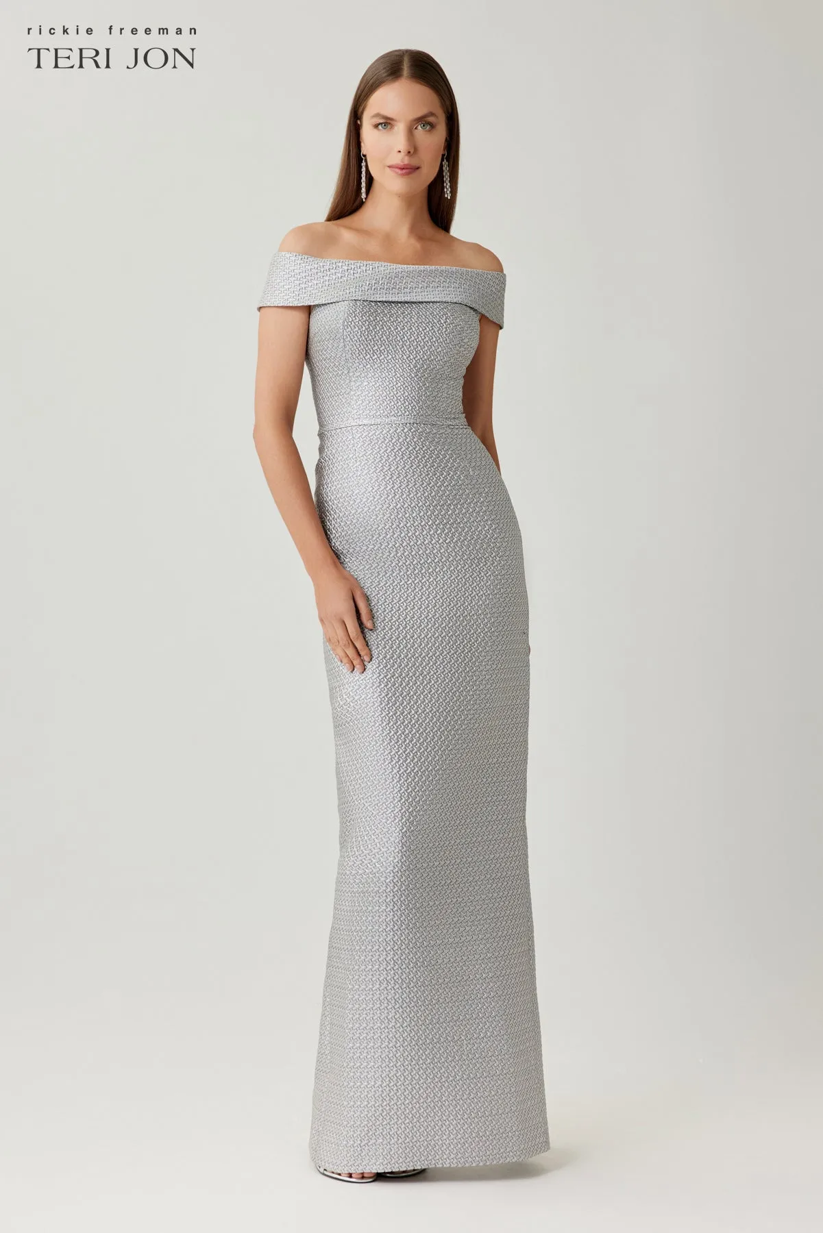 Basket Weave Jacquard Off The Shoulder Gown sold by Teri Jon product image thumbnail 5