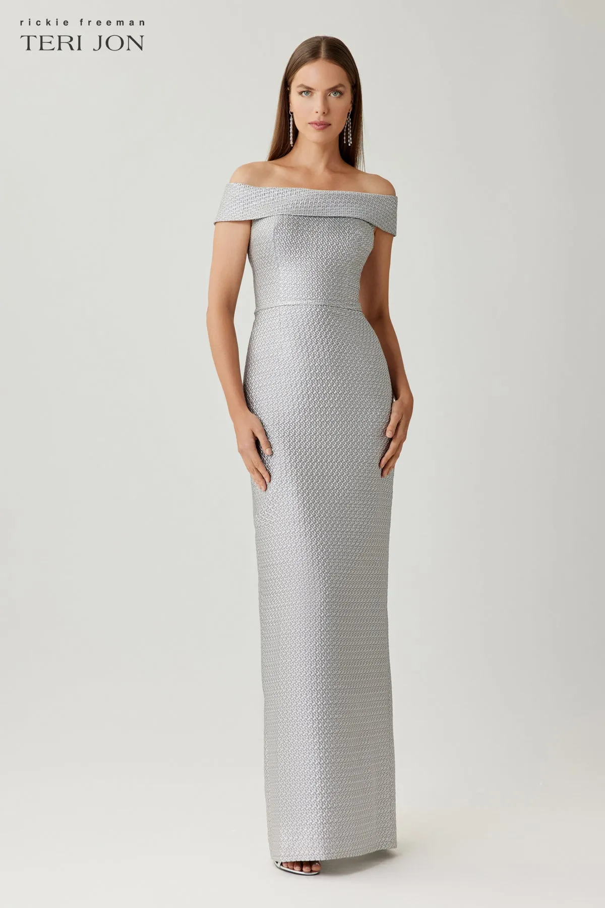 Basket Weave Jacquard Off The Shoulder Gown sold by Teri Jon product image thumbnail 2