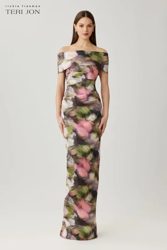 Mikado Off The Shoulder Ruched Printed Gown made by Teri Jon