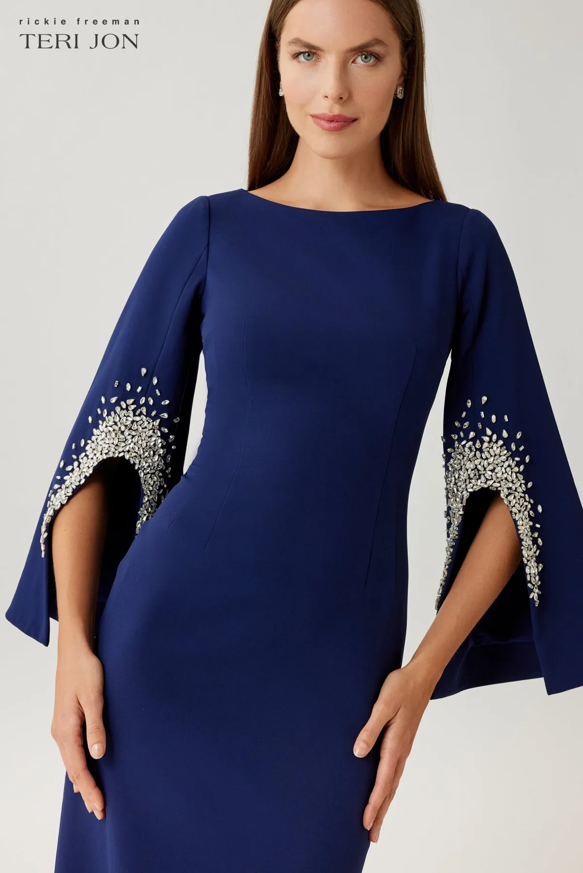 Crepe Gown With Rhinestone Trim Cut Out Sleeves sold by Teri Jon product image thumbnail 5