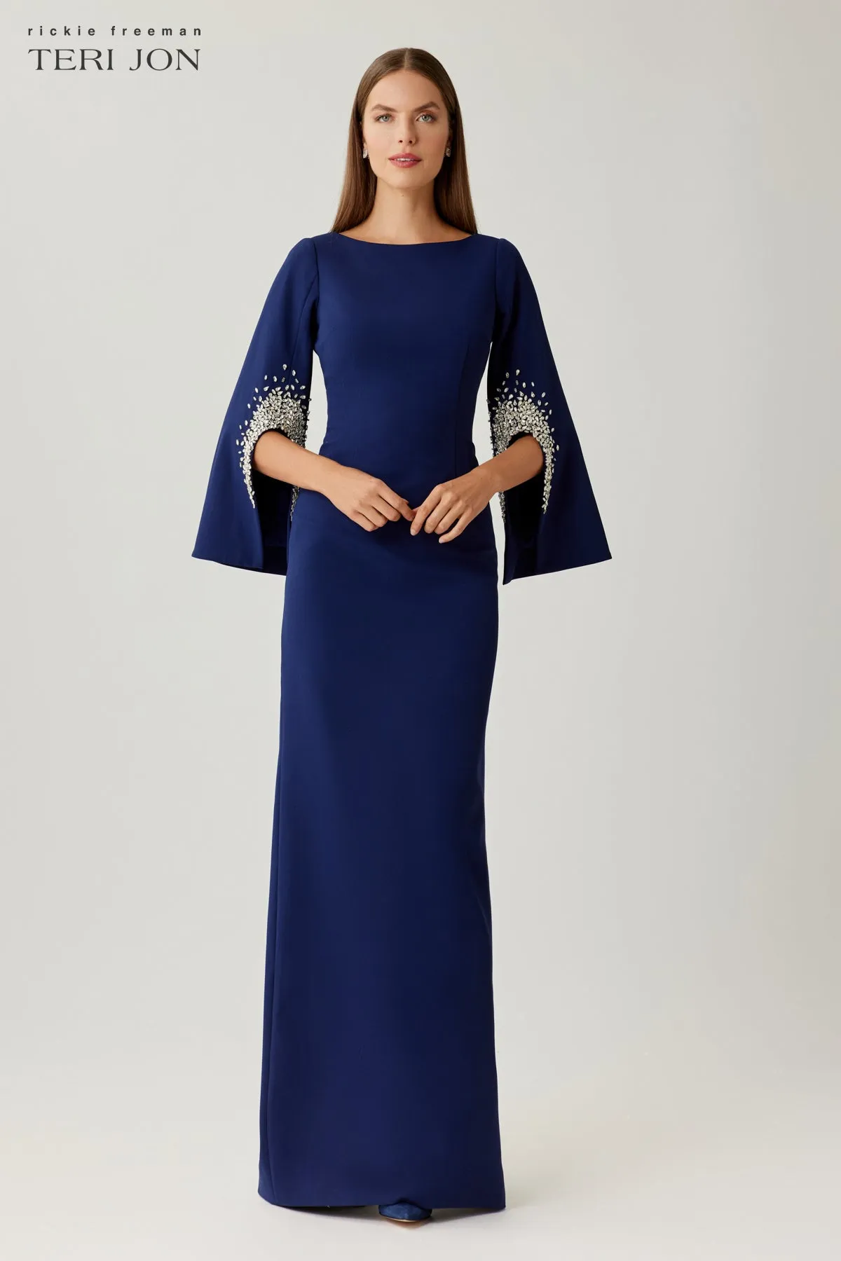 Crepe Gown With Rhinestone Trim Cut Out Sleeves sold by Teri Jon product image thumbnail 3