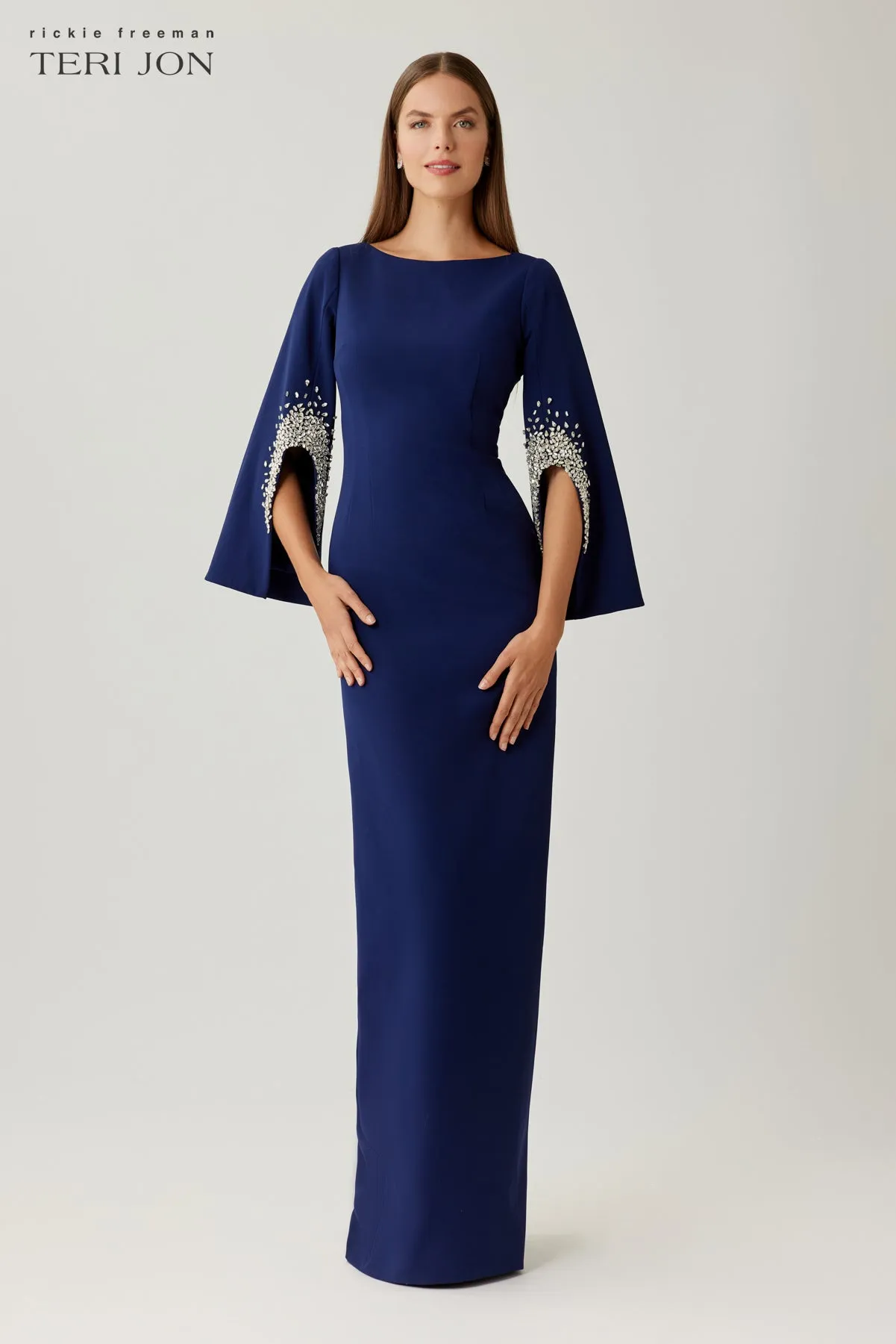 Crepe Gown With Rhinestone Trim Cut Out Sleeves sold by Teri Jon product image thumbnail 4