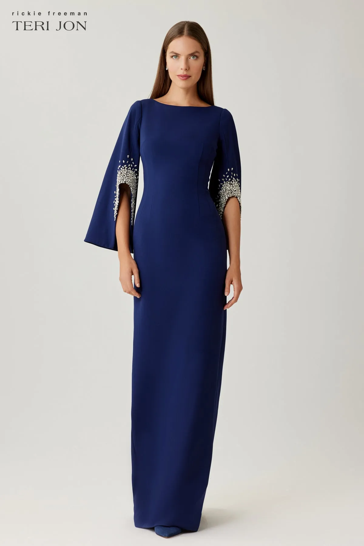 Crepe Gown With Rhinestone Trim Cut Out Sleeves sold by Teri Jon product image thumbnail 2