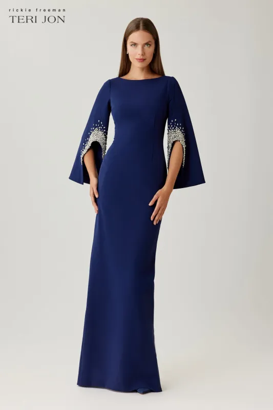 Crepe Gown With Rhinestone Trim Cut Out Sleeves made by Teri Jon