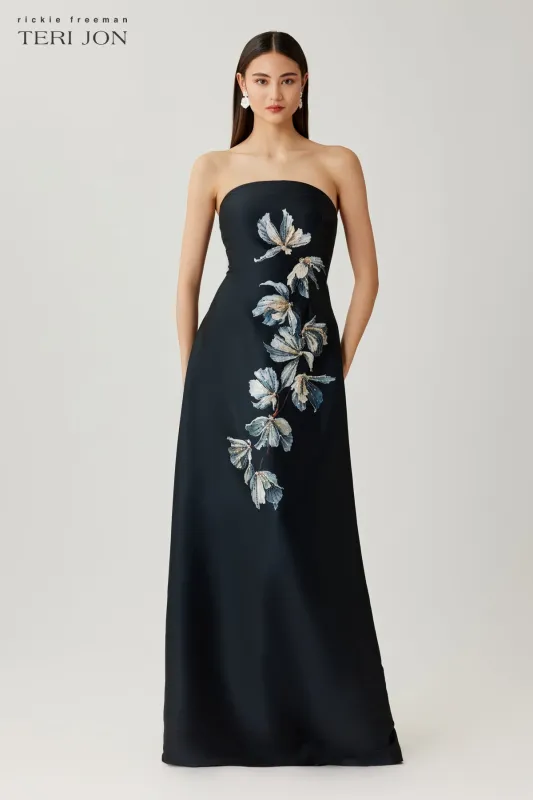 Mikado Strapless Beaded Floral Gown made by Teri Jon