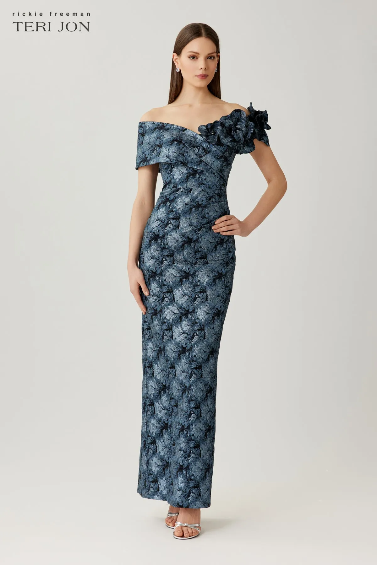 Metallic Jacquard Off The Shoulder Self Flower Gown sold by Teri Jon product image thumbnail 2