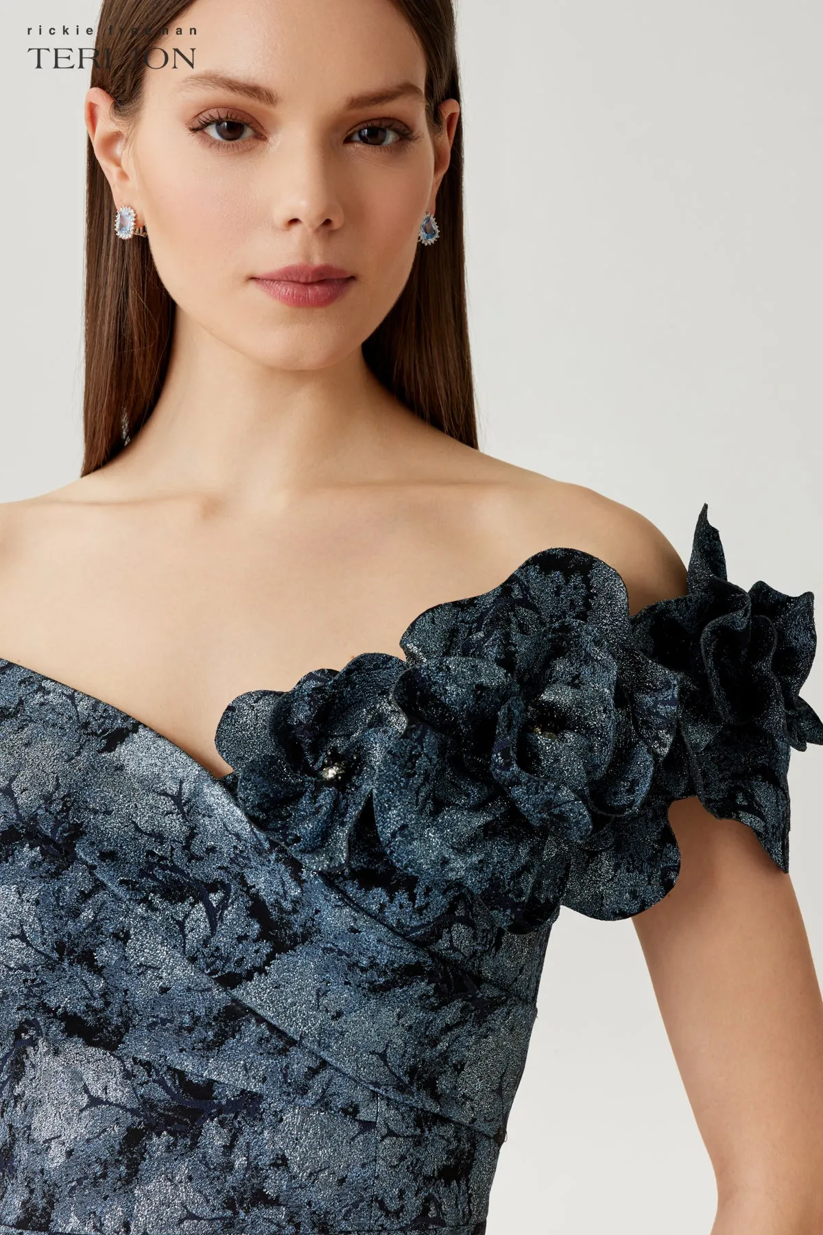 Metallic Jacquard Off The Shoulder Self Flower Gown sold by Teri Jon product image thumbnail 3