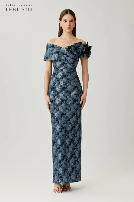 Metallic Jacquard Off The Shoulder Self Flower Gown made by Teri Jon