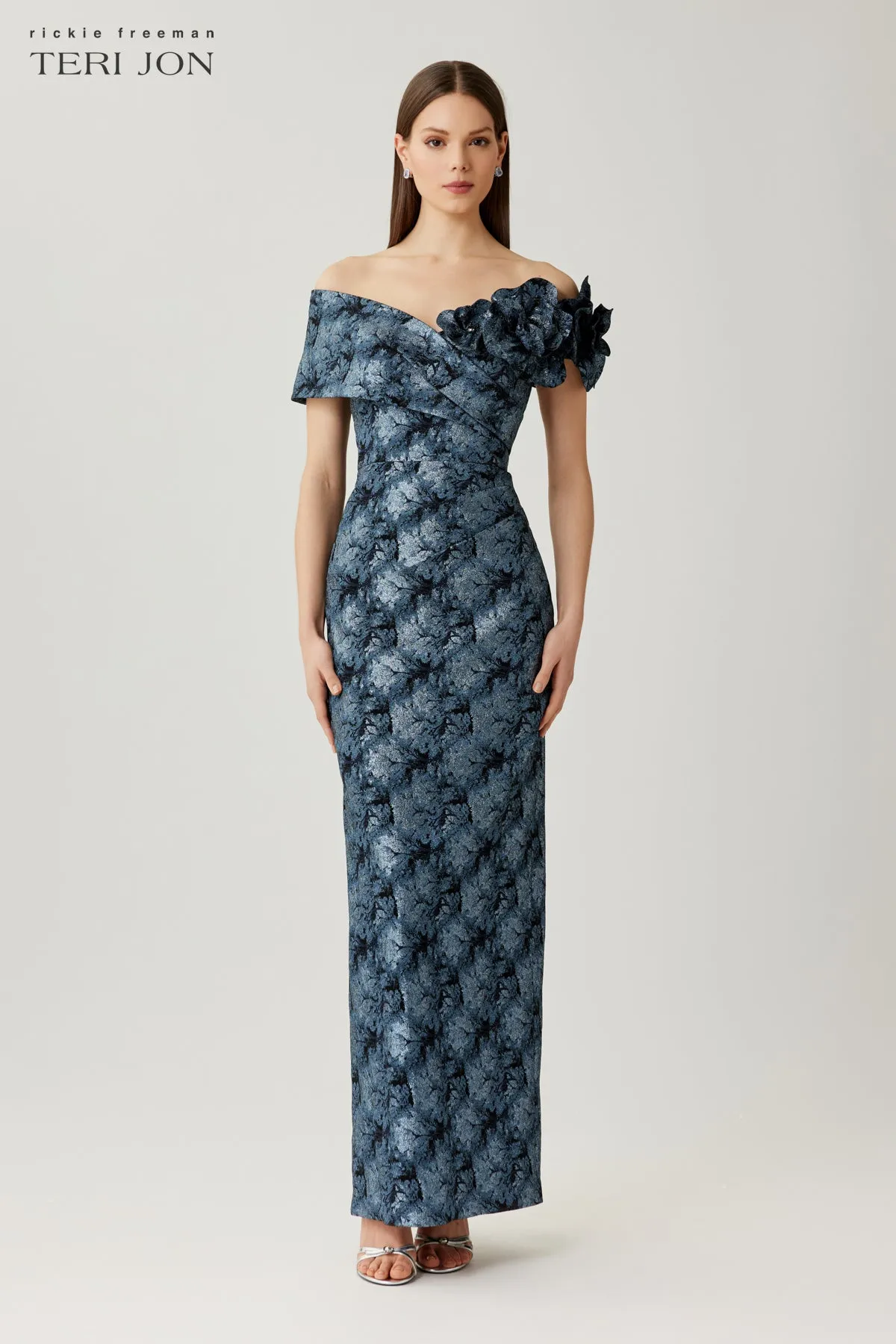 Metallic Jacquard Off The Shoulder Self Flower Gown sold by Teri Jon