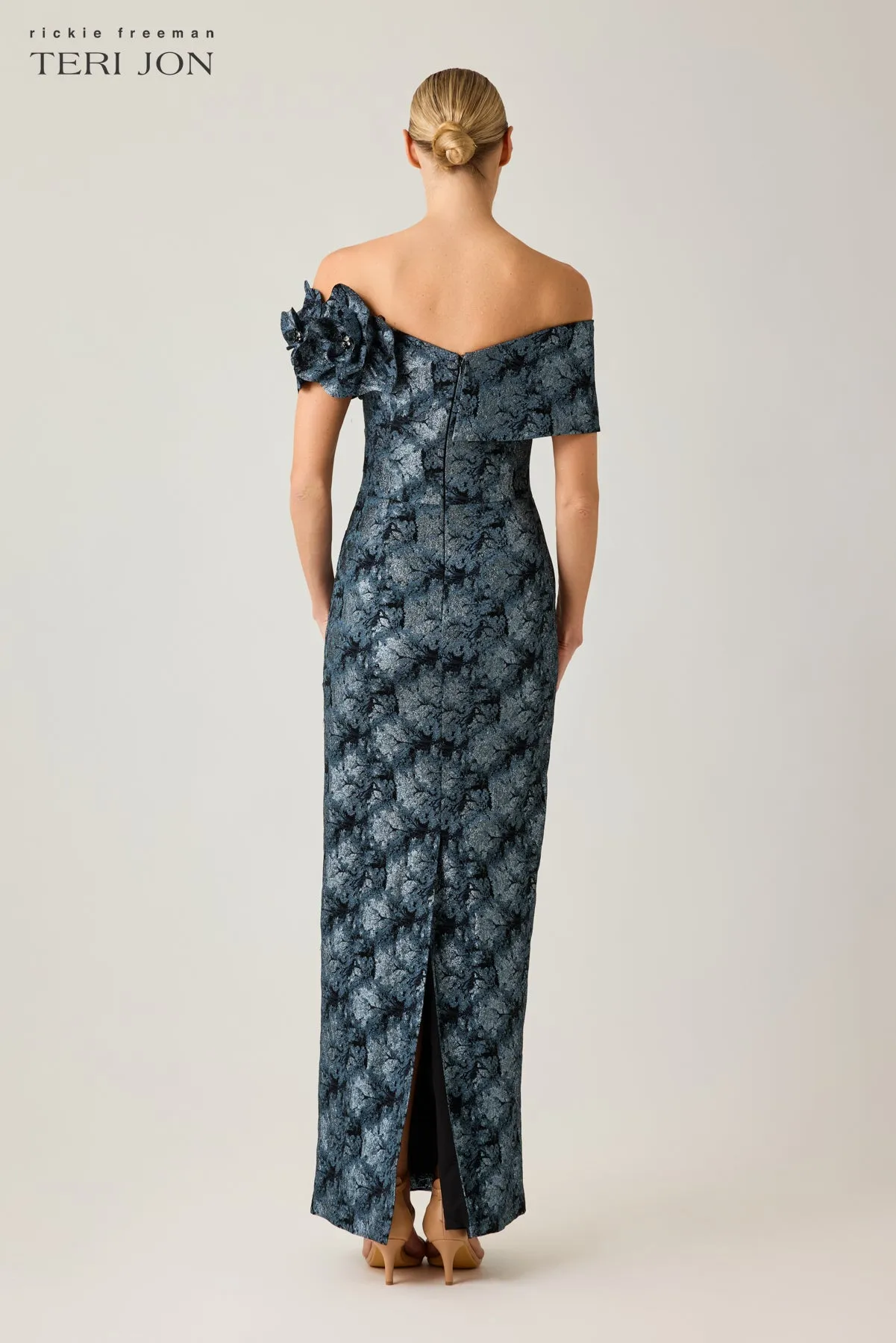 Metallic Jacquard Off The Shoulder Self Flower Gown sold by Teri Jon product image thumbnail 4