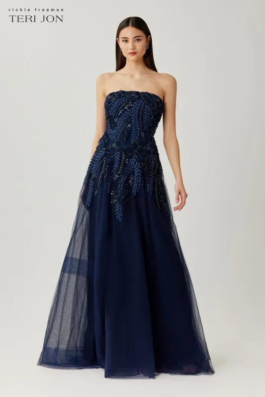 Tulle Embroidered Strapless Gown made by Teri Jon