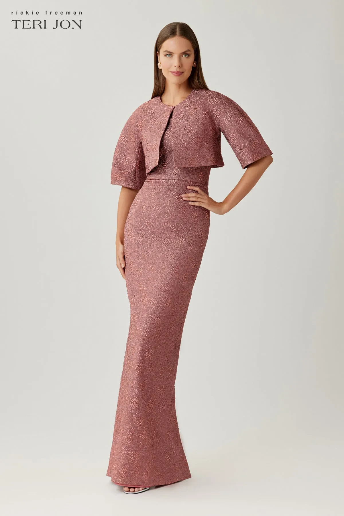 Metallic Jacquard Strapless Column Gown sold by Teri Jon
