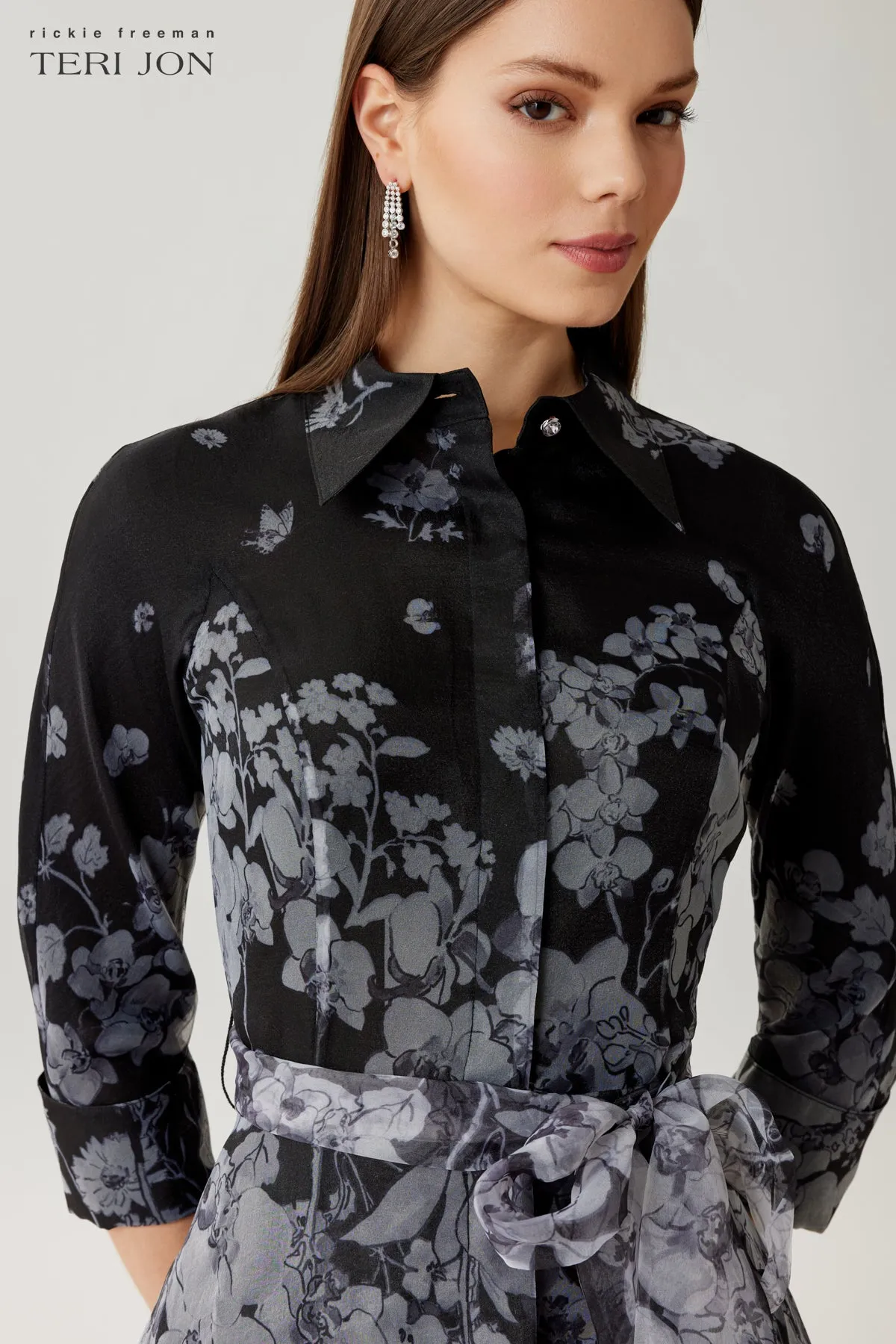 Organza Floral Print Shirt Waist Gown sold by Teri Jon product image thumbnail 4