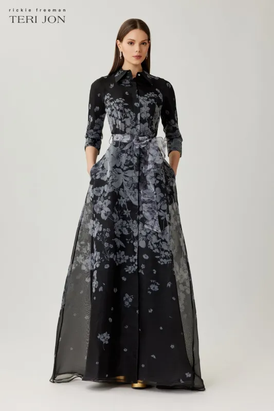 Organza Floral Print Shirt Waist Gown made by Teri Jon