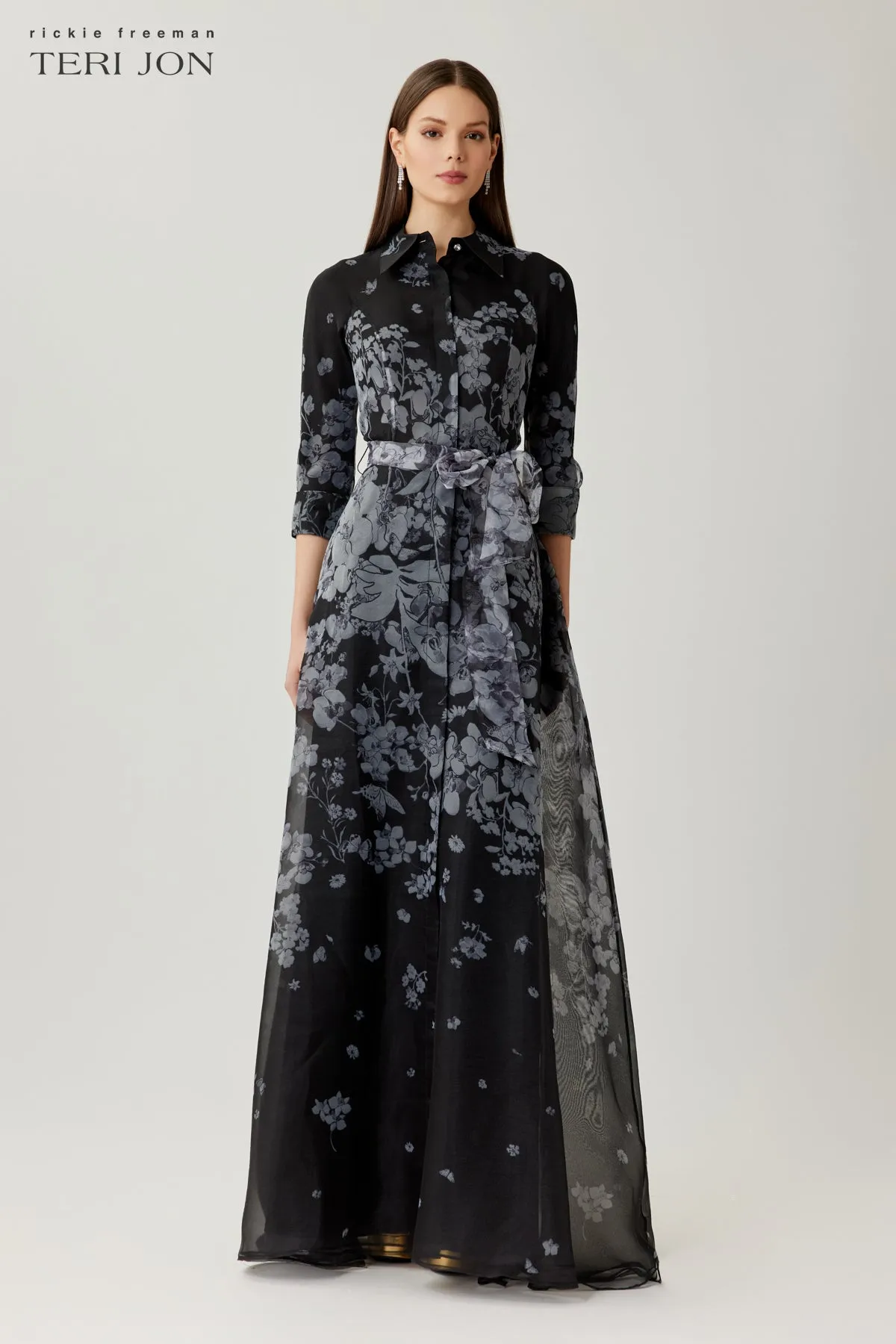 Organza Floral Print Shirt Waist Gown sold by Teri Jon product image thumbnail 3
