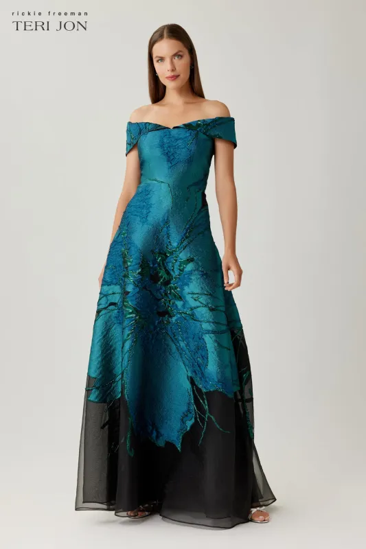 Jacquard Organza Off Shoulder A Line Gown made by Teri Jon