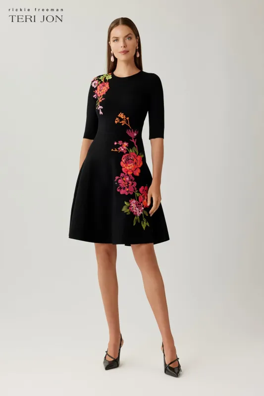 Knit Floral Embroidery Fit And Flare Dress made by Teri Jon