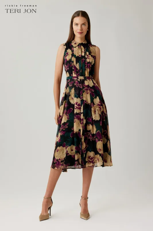 Chiffon Floral Printed Midi Shirt Dress made by Teri Jon