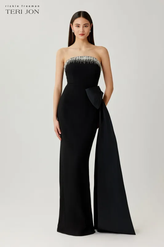 Crystal Trim Bow Crepe Gown made by Teri Jon