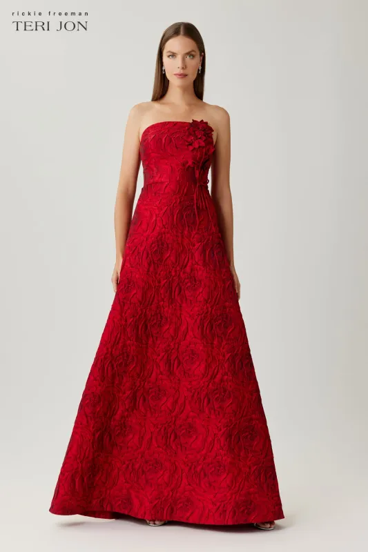 Strapless Floral Jacquard Ball Gown made by Teri Jon