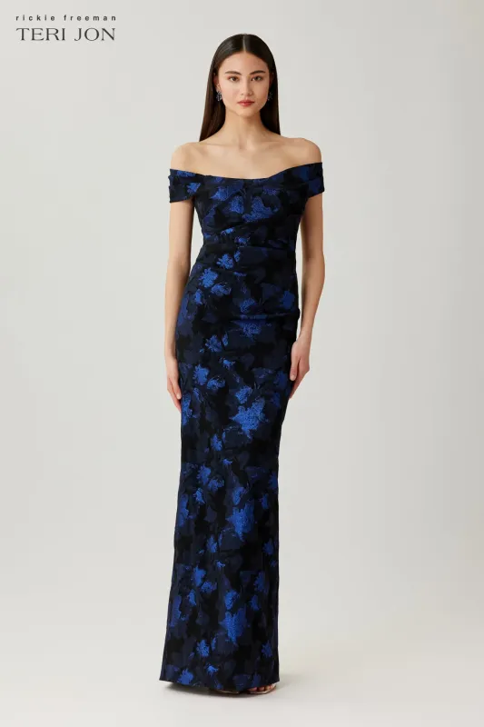Jacquard Off The Shoulder Floral Gown made by Teri Jon