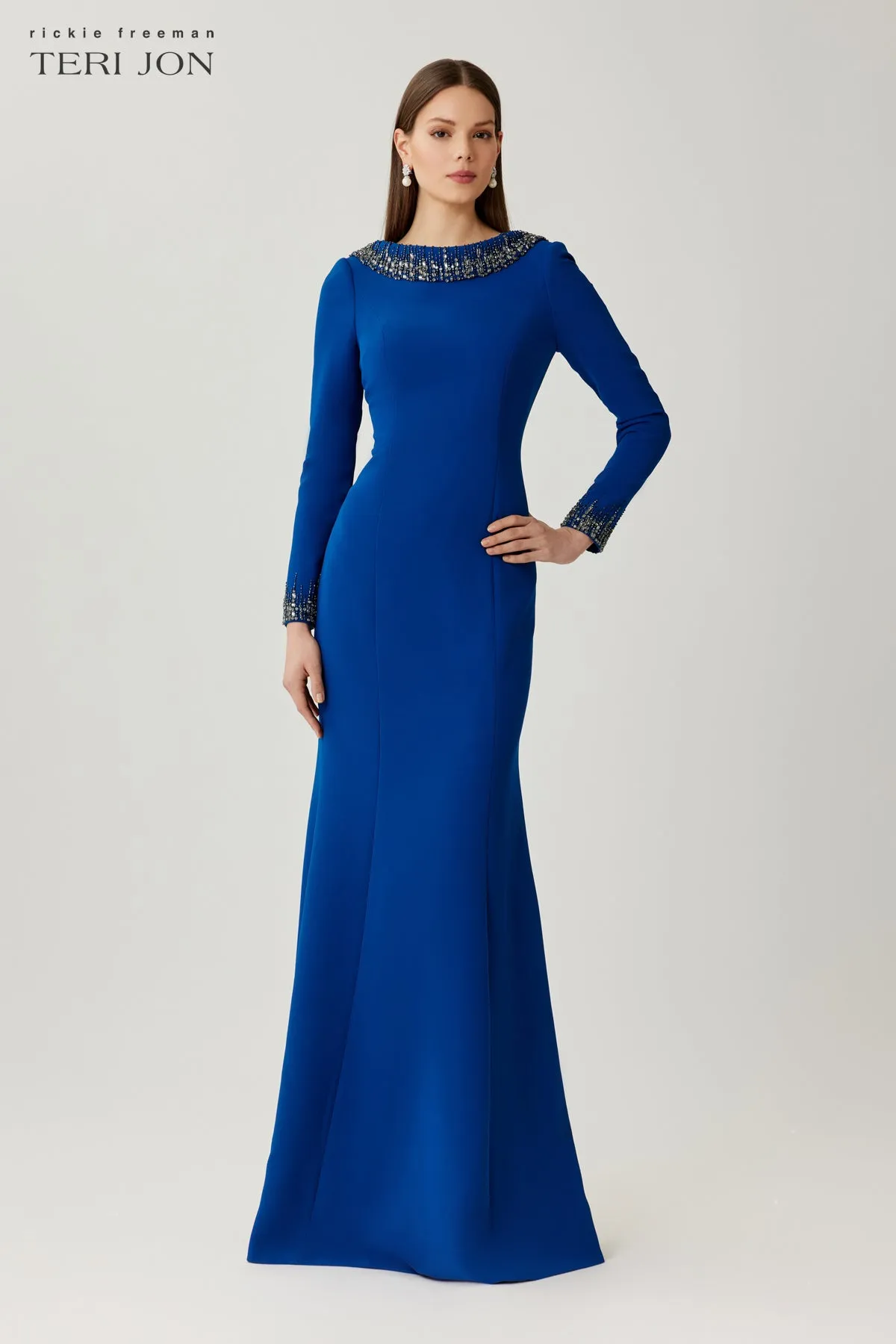 Crepe Evening Gown with Beaded Neck and Cuff Detail sold by Teri Jon product image thumbnail 2