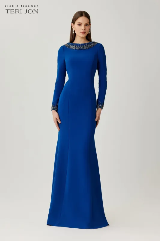Crepe Evening Gown with Beaded Neck and Cuff Detail made by Teri Jon