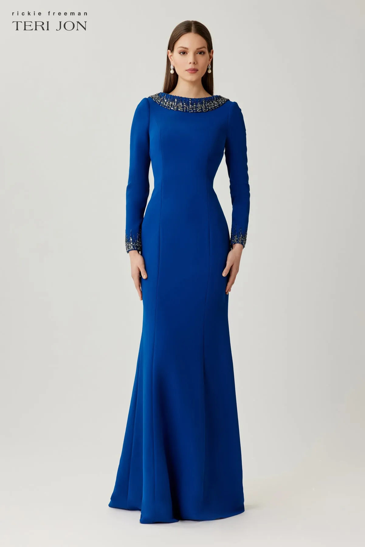 Crepe Evening Gown with Beaded Neck and Cuff Detail sold by Teri Jon product image thumbnail 4