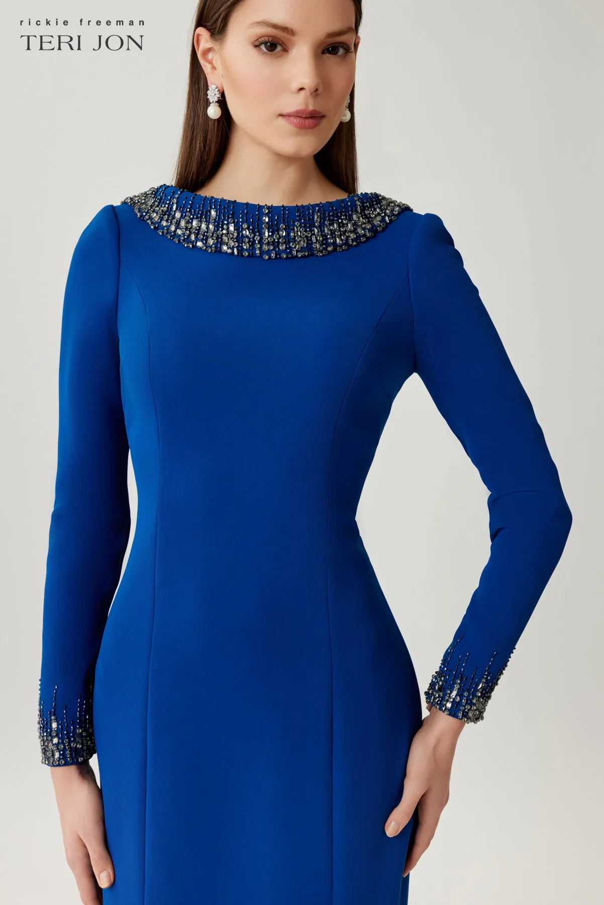 Crepe Evening Gown with Beaded Neck and Cuff Detail sold by Teri Jon product image thumbnail 5