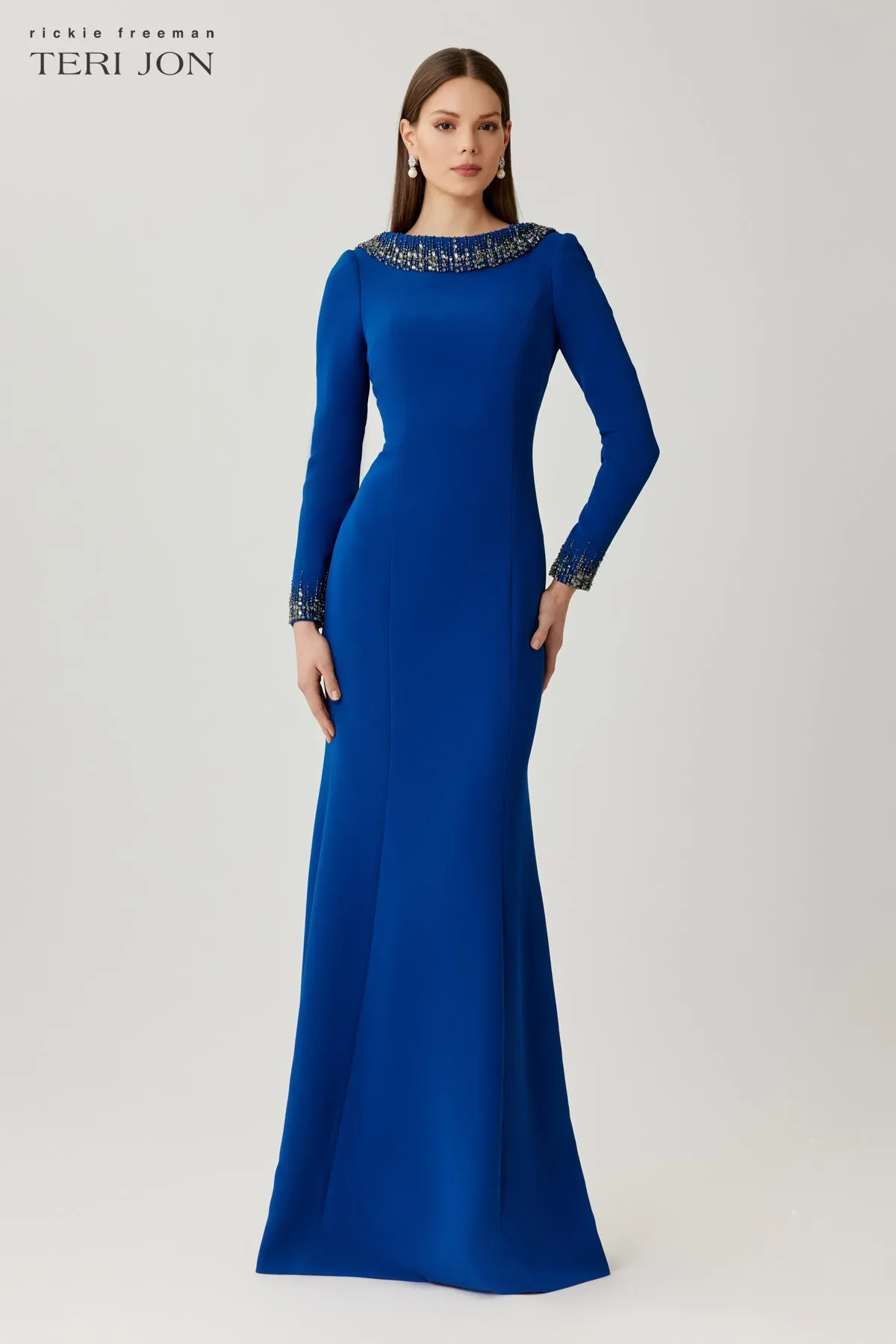 Crepe Evening Gown with Beaded Neck and Cuff Detail sold by Teri Jon product image thumbnail 3
