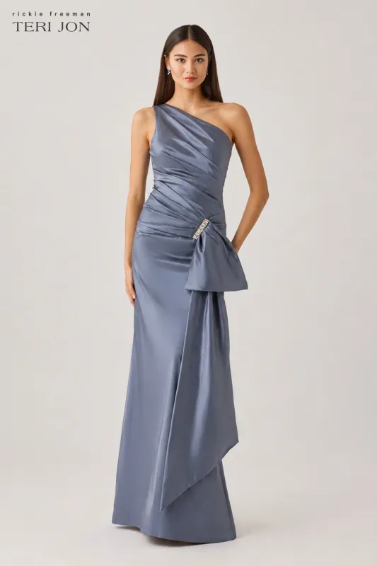Taffeta One Shoulder Bead Trim Ruched Gown made by Teri Jon