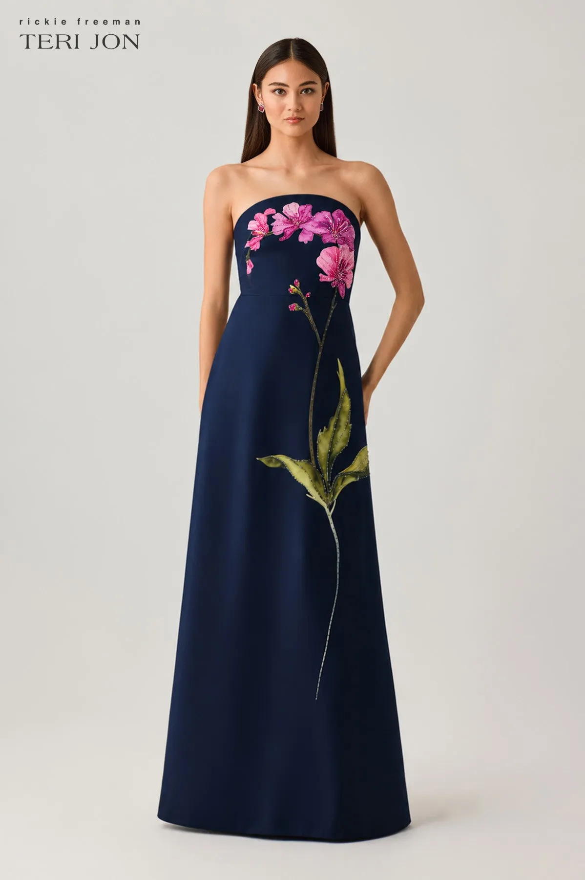 Crepe Strapless Beaded Floral Motif Gown sold by Teri Jon product image thumbnail 3