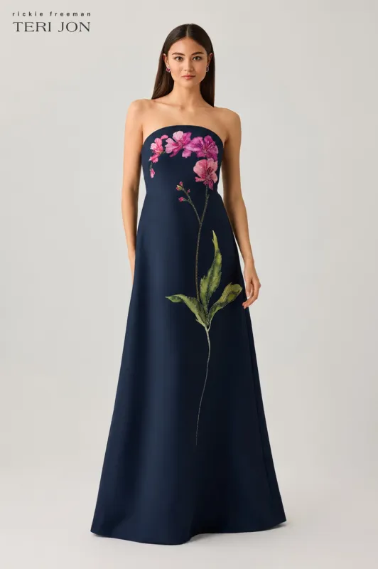 Crepe Strapless Beaded Floral Motif Gown made by Teri Jon