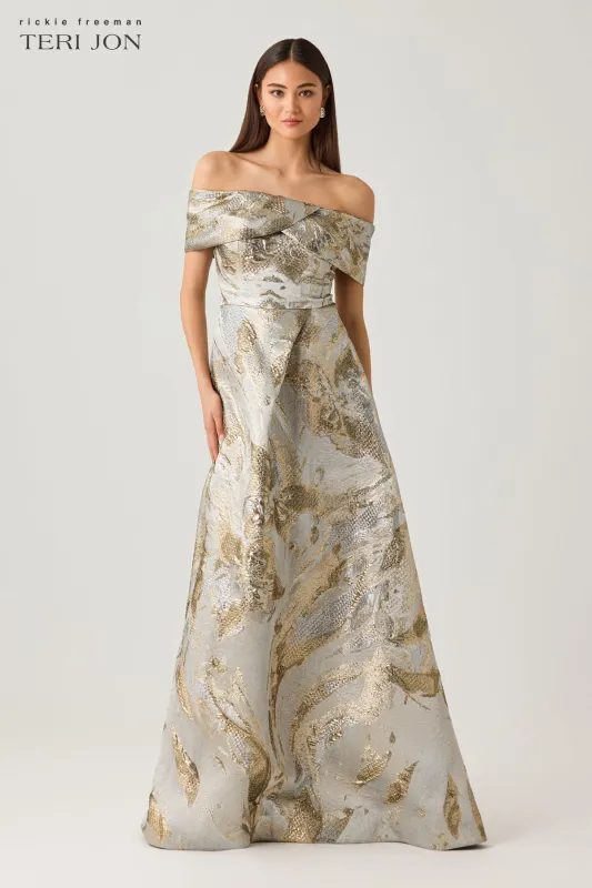 Metallic Jacquard Off Shoulder Center Fold Gown made by Teri Jon
