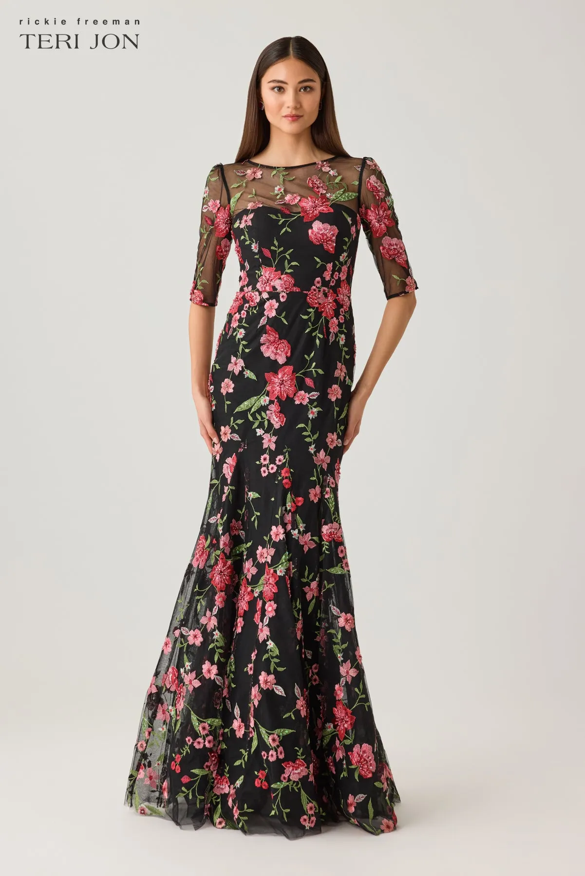 Embroidered Tulle 3/4 Sleeve Godet Gown sold by Teri Jon product image thumbnail 3
