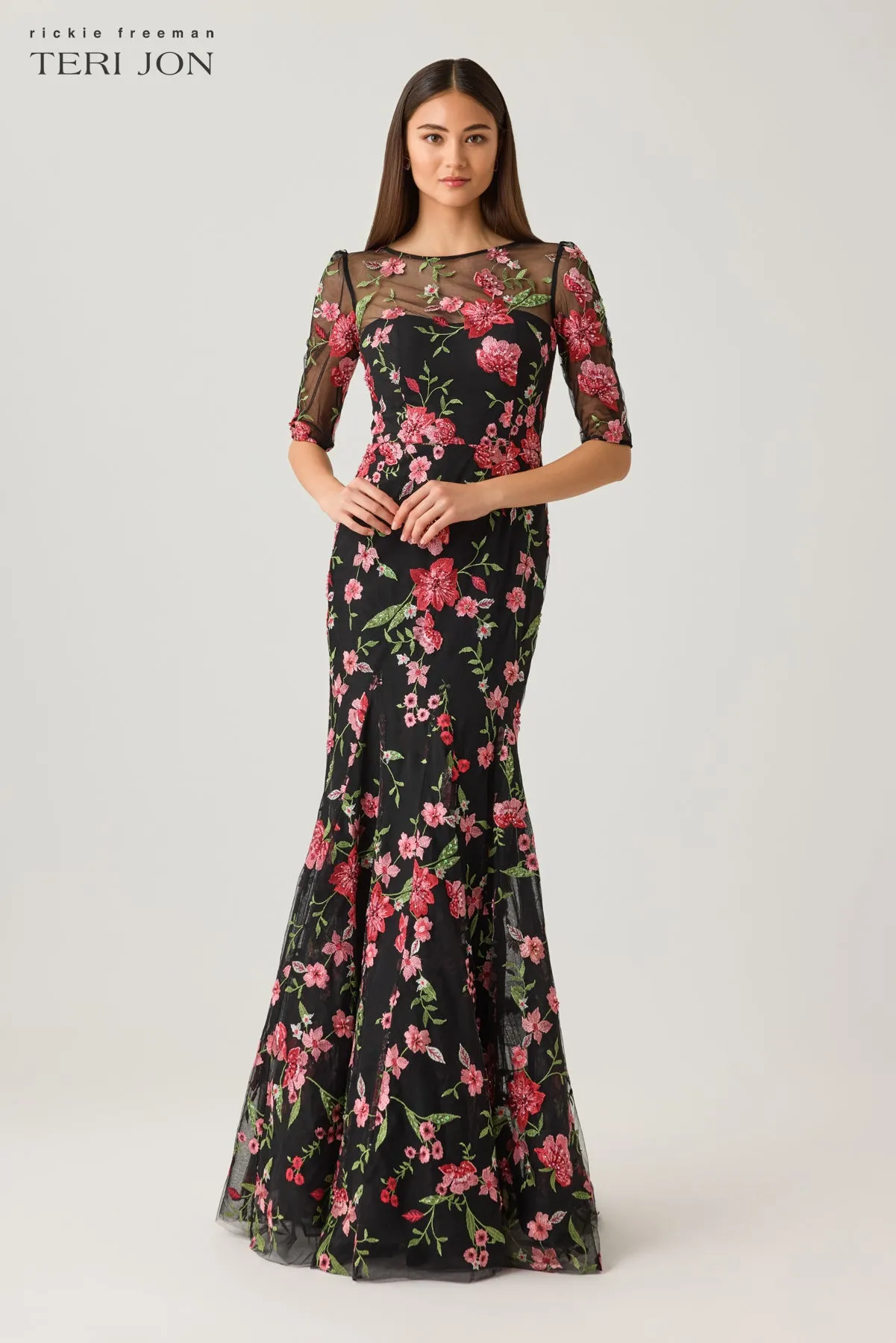 Embroidered Tulle 3/4 Sleeve Godet Gown sold by Teri Jon product image thumbnail 5