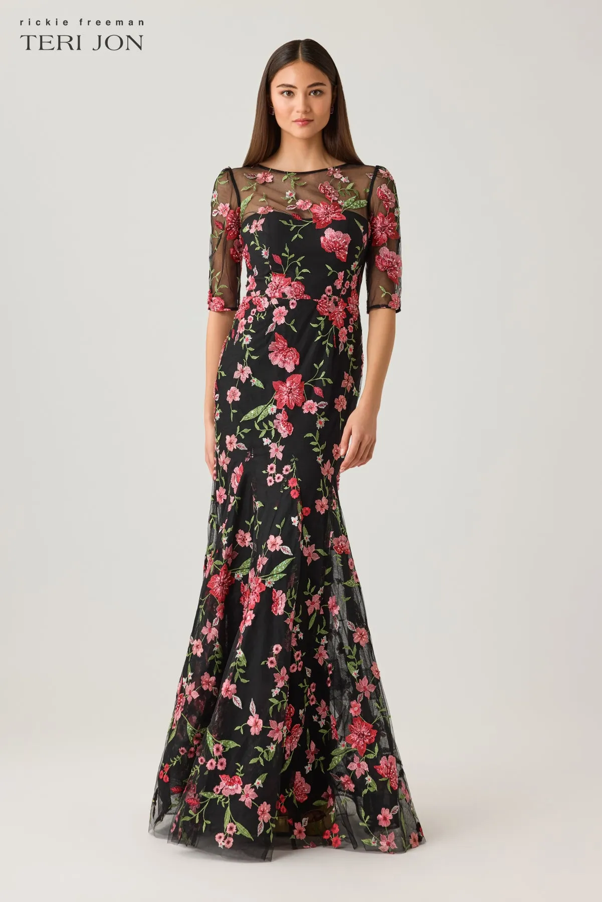 Embroidered Tulle 3/4 Sleeve Godet Gown sold by Teri Jon product image thumbnail 4