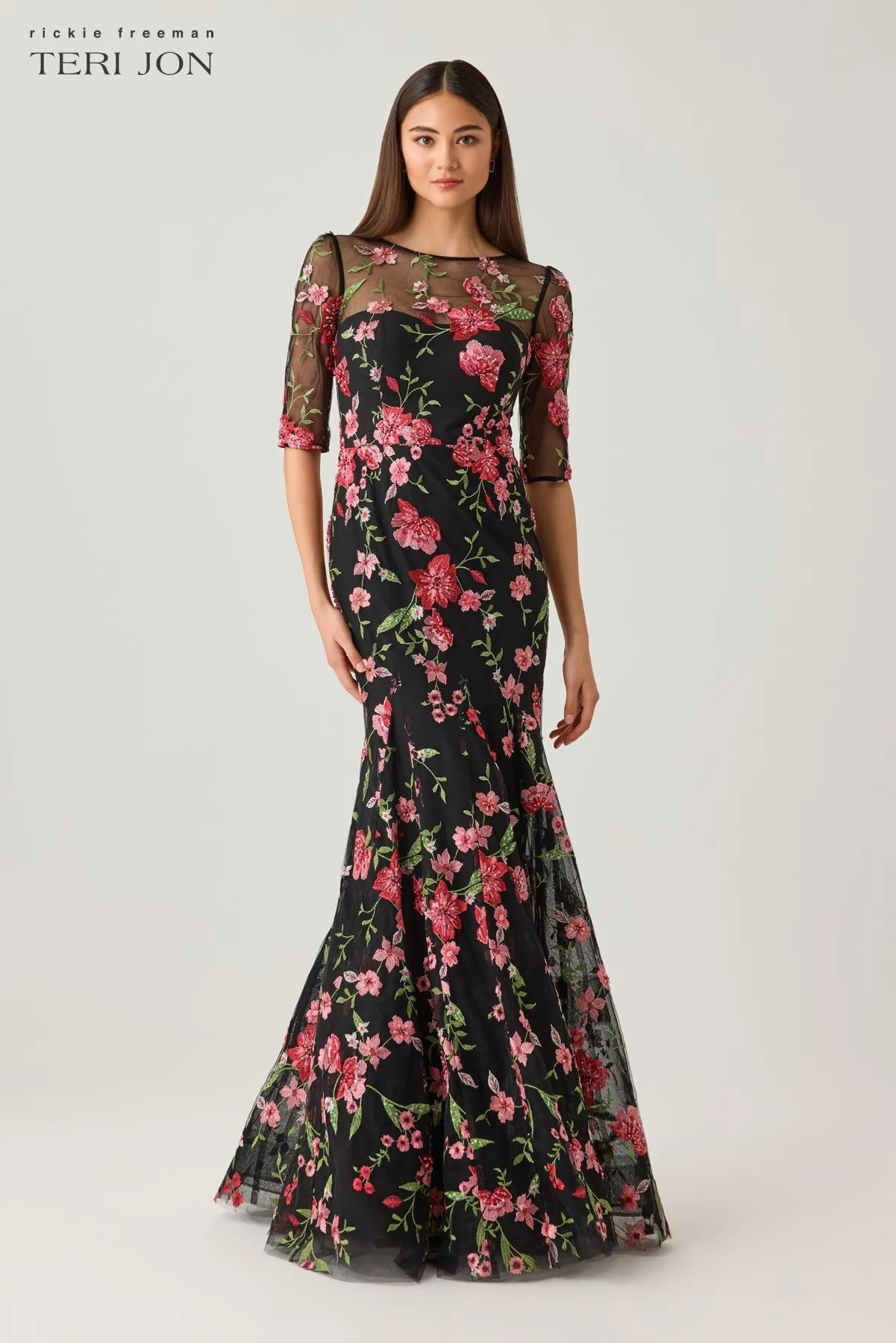 Embroidered Tulle 3/4 Sleeve Godet Gown sold by Teri Jon