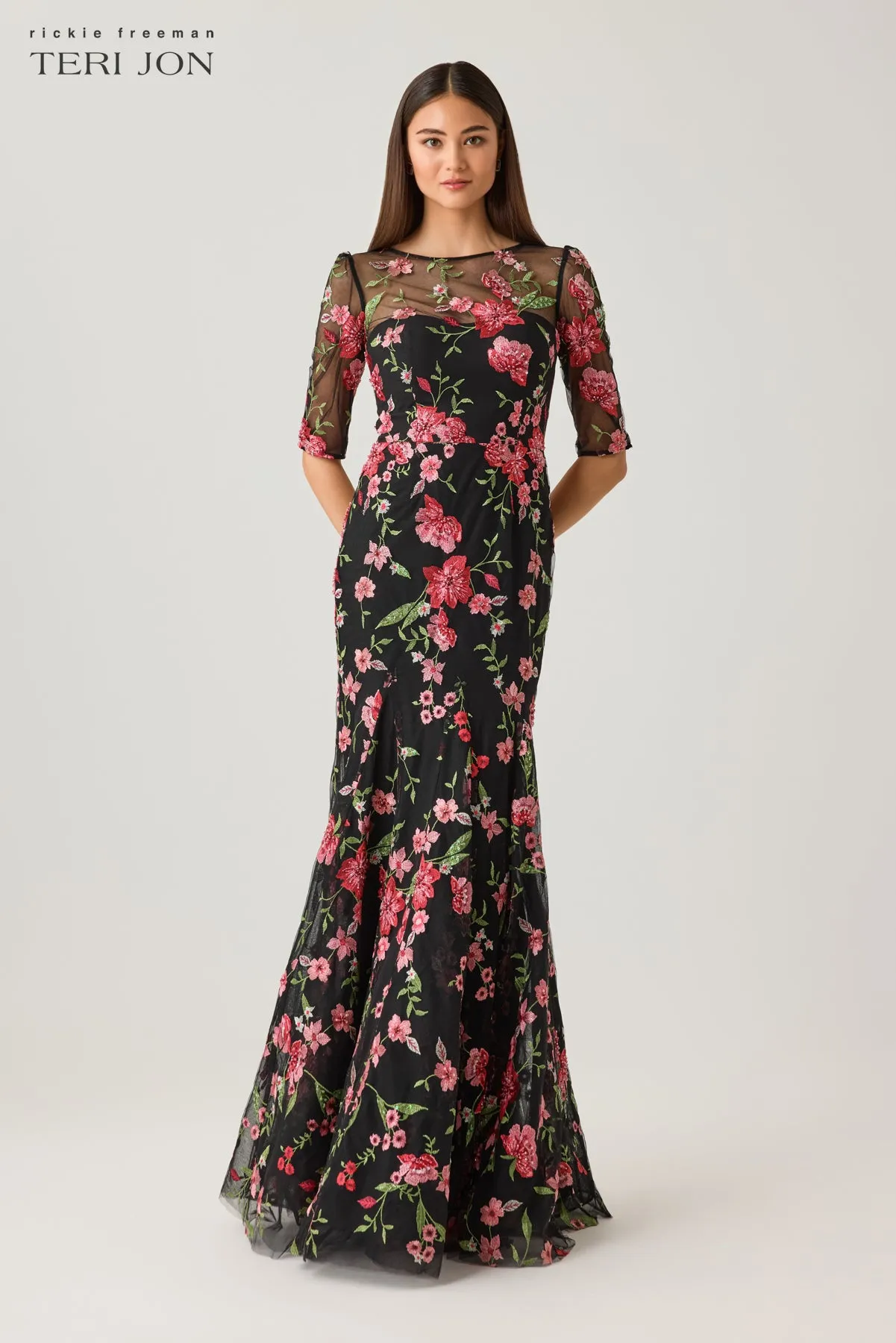 Embroidered Tulle 3/4 Sleeve Godet Gown sold by Teri Jon product image thumbnail 2