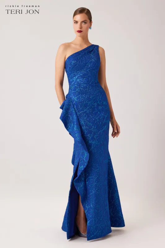 One Shoulder Side Ruffle Evening Gown sold by Teri Jon