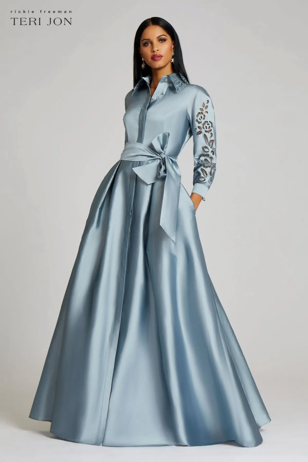 Taffeta Shirtdress Gown With Eyelet Sleeve and Collar sold by Teri Jon
